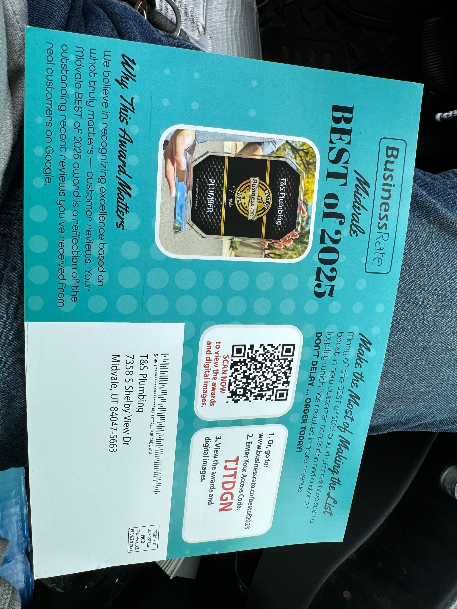 Midvale Best of 2025 plumbing award mailer